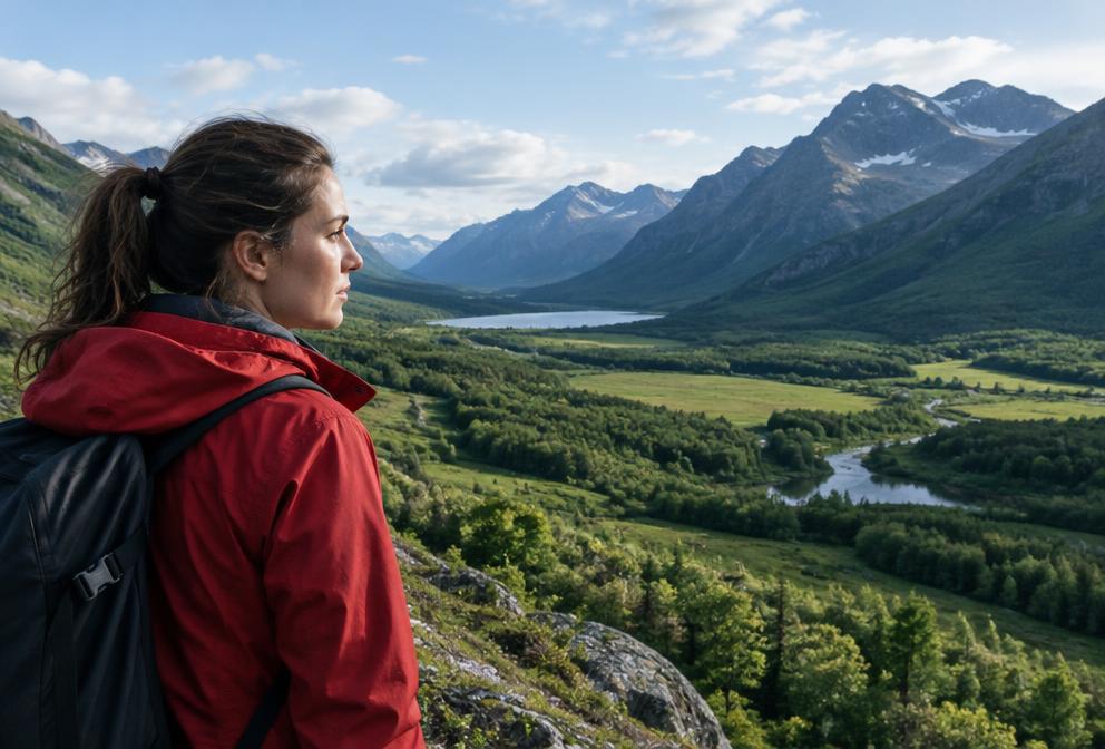 Filmische Aufnahme einer erwachsenen Wanderin in einem Bergtal